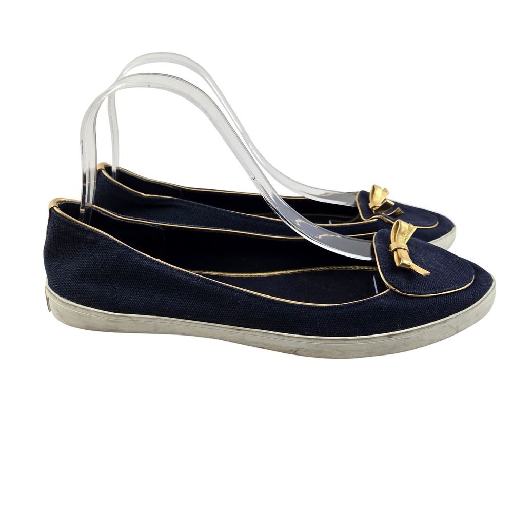 Tory Burch Dakota Canvas Flats Navy Blue Gold Bow Slip On Shoes Womens 9 M